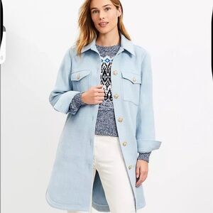 New Loft Women’s Long Coat Shacket Button Down Jacket Baby Blue Small Petite NWT